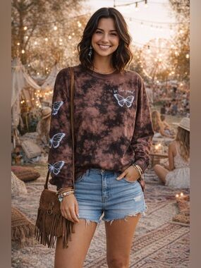 Tie Dye Butterfly Long Sleeve Top Boho Y2K Oversized Graphic Tee “Be The Good” S